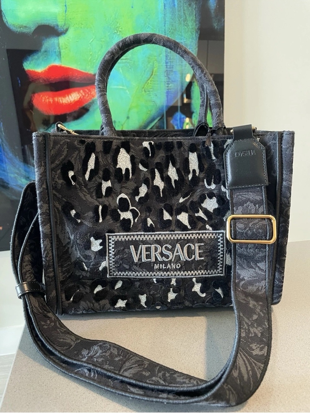 Versace Black & Silver Leopard-Print Messenger Tote $2375